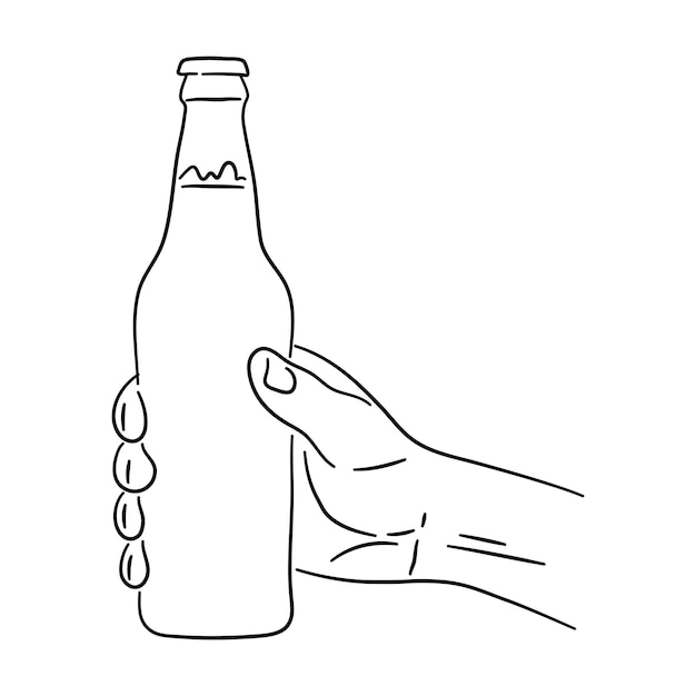 Mano sosteniendo una botella de cerveza en diseño dibujado a mano Oktoberfest símbolo Vector