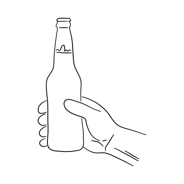 Mano sosteniendo una botella de cerveza en estilo doodle Iconos boceto hecho a mano Vector