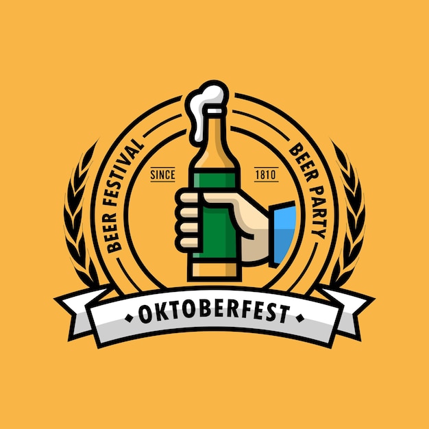 La mano está sosteniendo una botella de cerveza. vector premium de la insignia del logotipo de oktoberfest