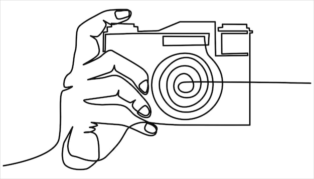 La mano sosteniendo una cámara haciendo una imagen continua una línea dibujando una ilustración vectorial