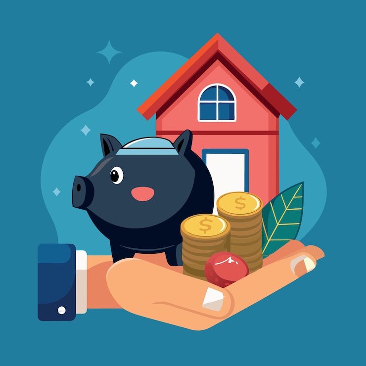Vector mano sosteniendo casa en miniatura de madera con monedas en frasco y alcancía negra como ahorro financiero o m