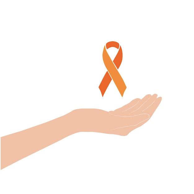 Una mano sosteniendo una cinta naranja en un fondo blanco con espacio de copia