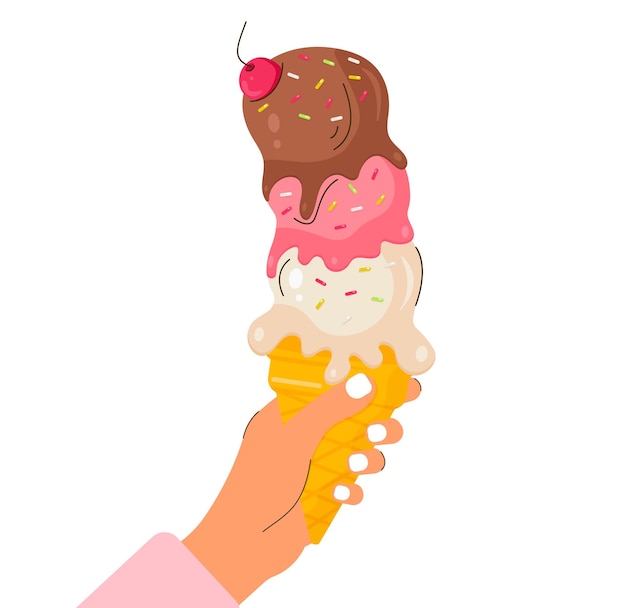 La mano sosteniendo un colorido helado en un cono de waffle con salpicaduras y una cereza