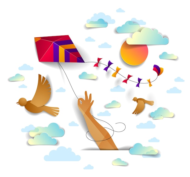 Mano sosteniendo cometa sobre cielo nublado pájaros volando y sol, concepto emocional de libertad y facilidad, ilustración 3d de corte de papel de estilo moderno vectorial.