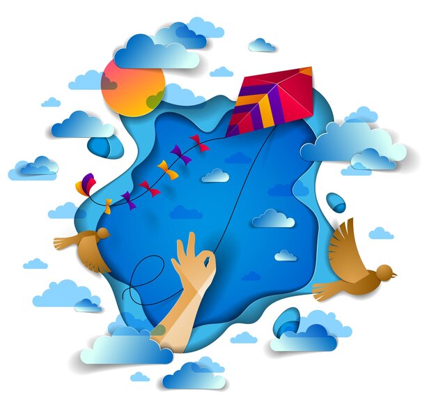 Mano sosteniendo cometa sobre cielo nublado pájaros volando y sol, concepto emocional de libertad y facilidad, ilustración 3d de corte de papel de estilo moderno vectorial.