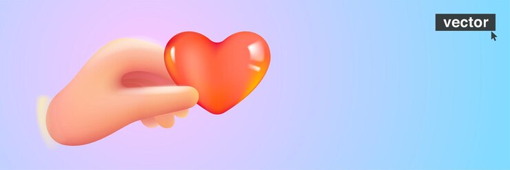 Vector mano sosteniendo un corazón sobre fondo degradado moderno diseño 3d vectorial realista en estilo de dibujos animados