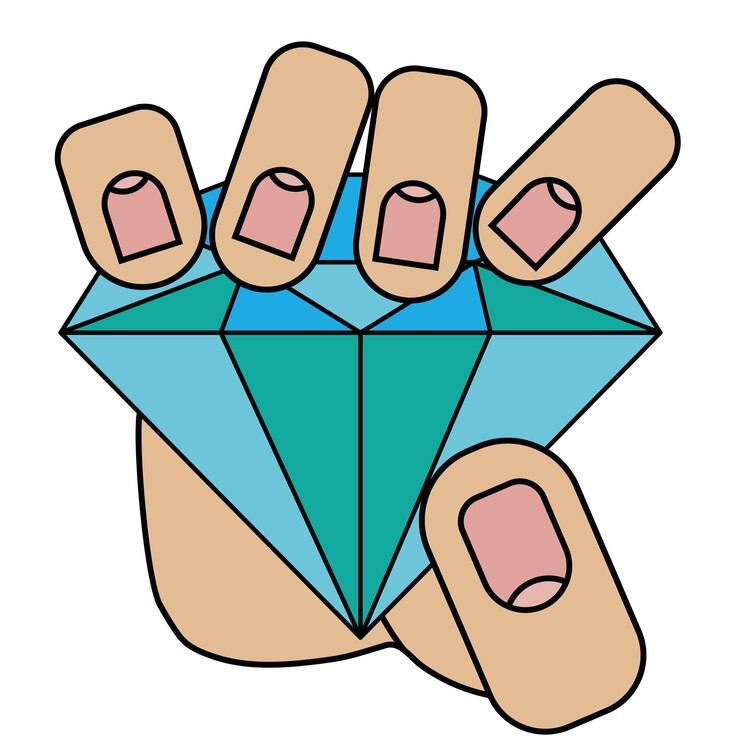 Mano sosteniendo un diamante aislado sobre fondo blanco en estilo de dibujos animados en gráfico vectorial