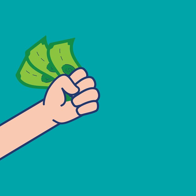 una mano sosteniendo dinero en un puño sobre un fondo azul