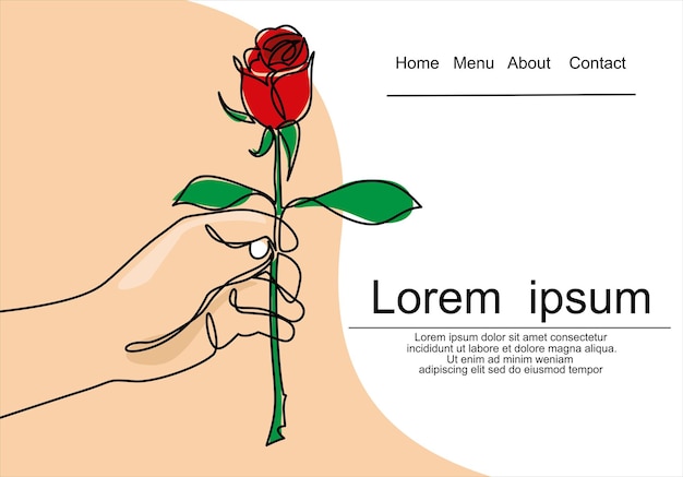Mano sosteniendo una flor rosa. Línea continua vectorial.