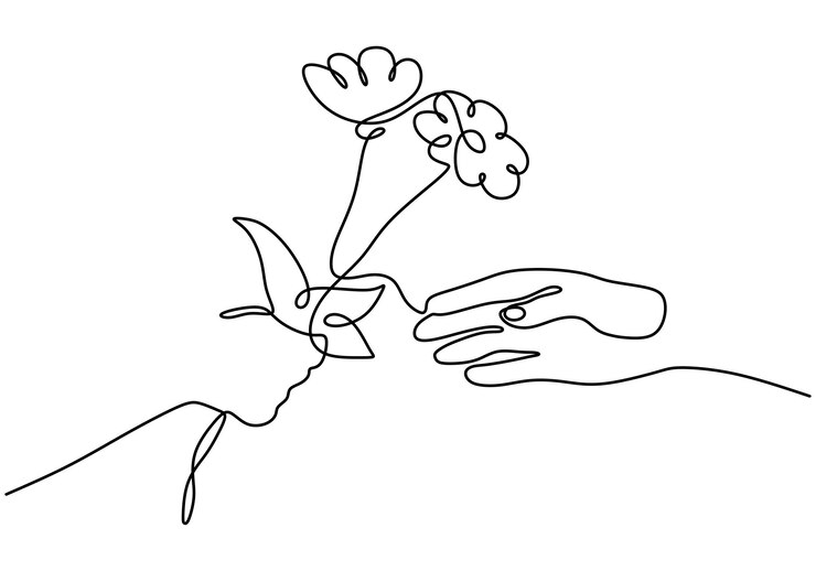 Mano sosteniendo flores dibujo de una línea arte minimalista