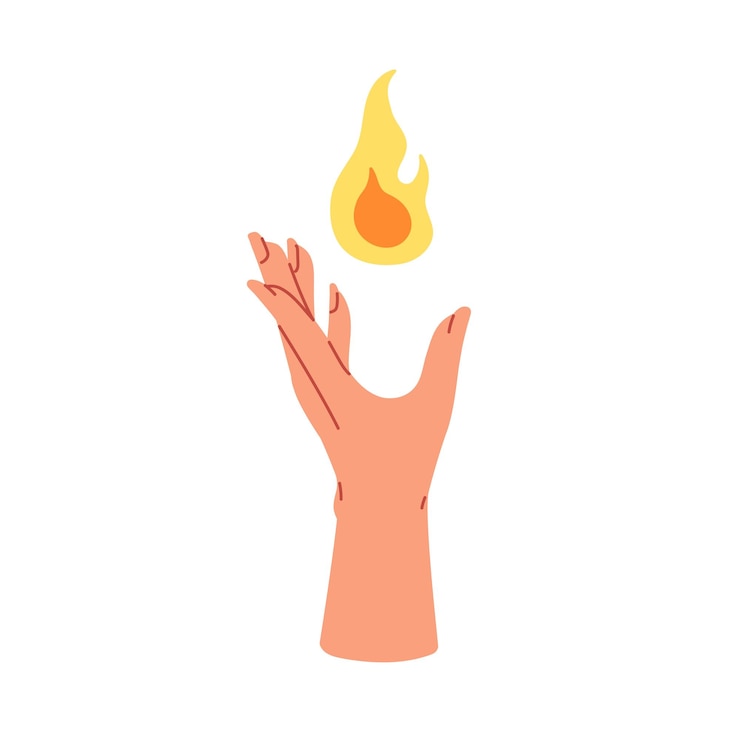 Vector mano sosteniendo fuego llama ardiente energía de luz y símbolo de poder dedos y misterio calor mágico calor espiritual esotérico concepto ilustración vectorial plana aislada sobre fondo blanco