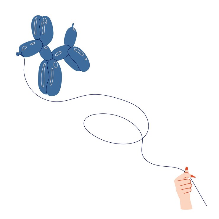 Vector mano sosteniendo un globo en forma de perro en una cuerda, helio, ilustración plana, decoración