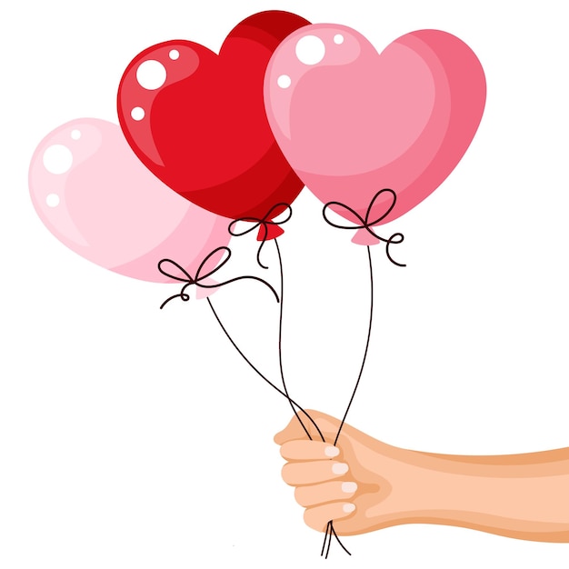 Mano sosteniendo globos de corazón. Banner de saludo feliz cumpleaños, feliz día de San Valentín. Vector