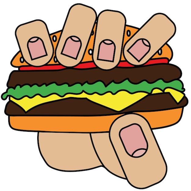 Mano sosteniendo una hamburguesa aislada sobre fondo blanco en estilo de dibujos animados en gráfico vectorial