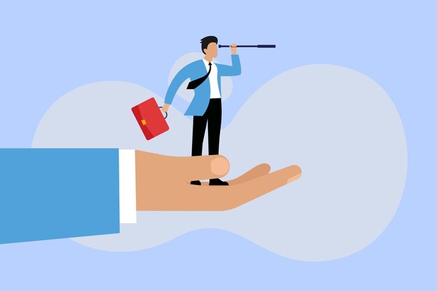 La mano sosteniendo a un hombre de negocios usando un telescopio