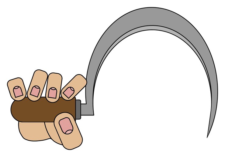Mano sosteniendo hoz aislado sobre fondo blanco en estilo de dibujos animados en gráfico vectorial