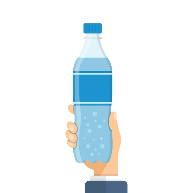 Mano sosteniendo icono de bebida gaseosa en estilo plano Ilustración de vector de botella de plástico sobre fondo aislado Concepto de negocio de signo de bebida de agua