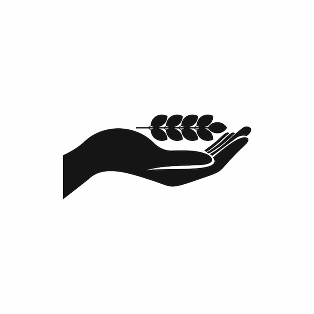 Mano sosteniendo el icono de espiga de trigo en estilo simple sobre un fondo blanco