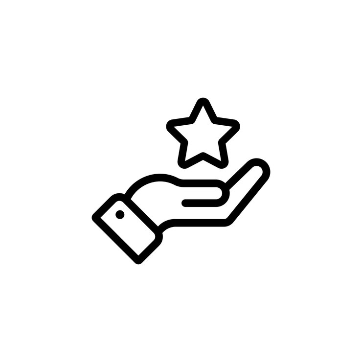 Mano sosteniendo un icono de estrella en negro. Estrella de calificación. Vector sobre fondo blanco aislado. EPS 10.