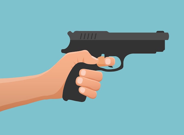 Mano sosteniendo icono de pistola en estilo plano símbolo de arma de fuego ilustración vectorial sobre fondo aislado signo de munición de rifle concepto de negocio