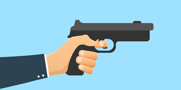 Mano sosteniendo icono de pistola en estilo plano símbolo de arma de fuego ilustración vectorial sobre fondo aislado signo de munición de rifle concepto de negocio