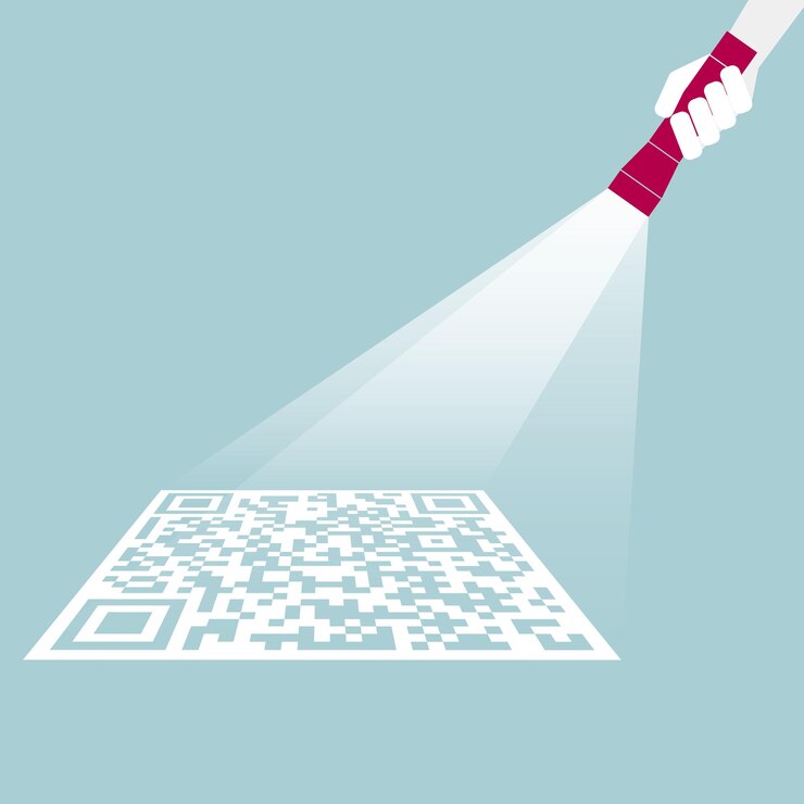 Vector mano sosteniendo una linterna, proyección de un signo qr.
