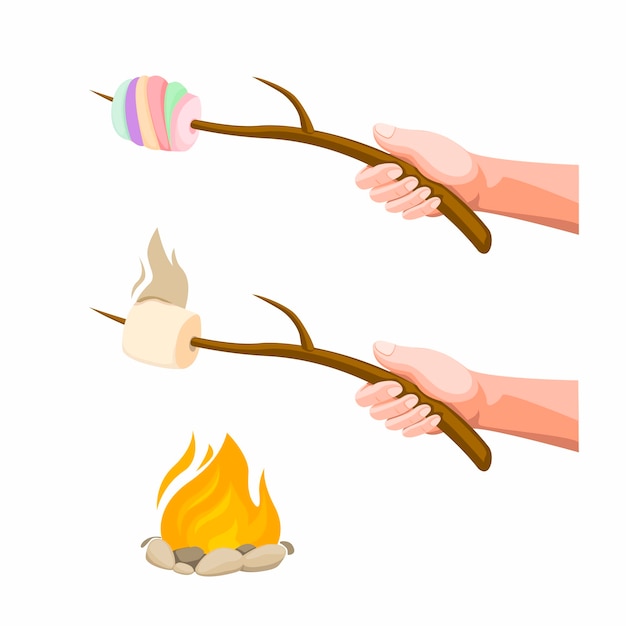 Mano sosteniendo Marshmallow Burning en hoguera. Ilustración de dibujos animados de concepto aislado en fondo blanco