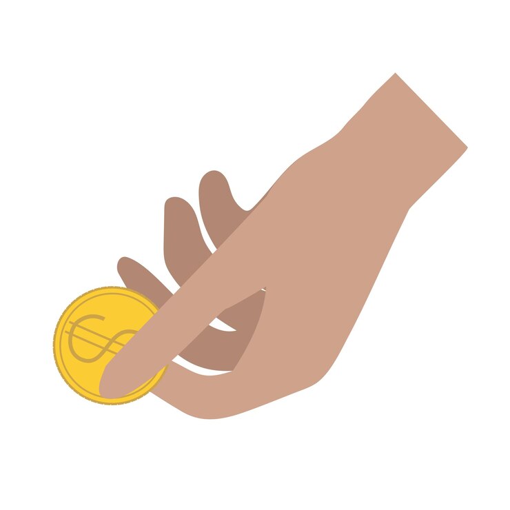 Vector una mano sosteniendo una moneda de dólar bienestar financiero pago de bienes