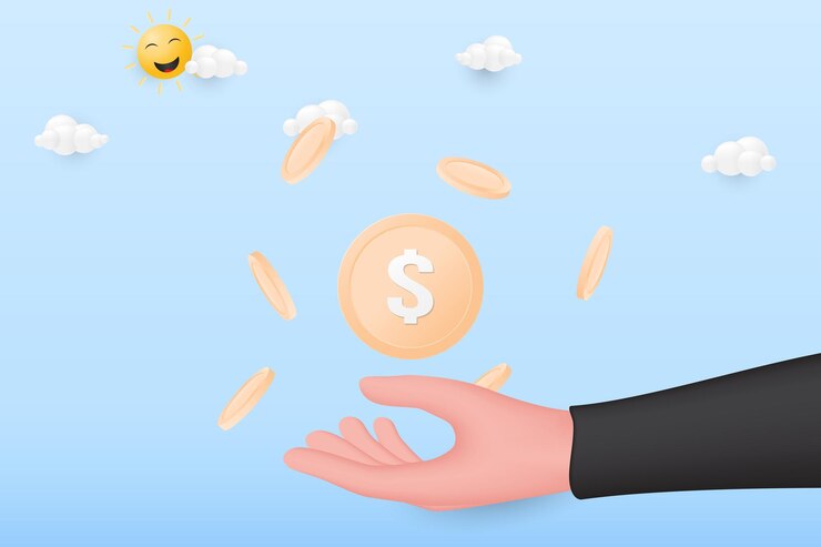 Vector mano sosteniendo una moneda monedas flotando en el aire pago en línea de ahorro de dinero y concepto de pago 3d ilustración vectorial