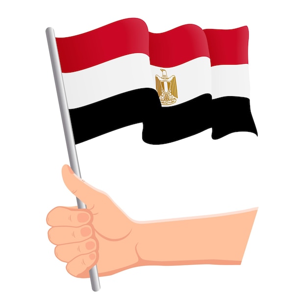 Mano sosteniendo y ondeando la bandera nacional de Egipto Fans día de la independencia concepto patriótico Ilustración vectorial