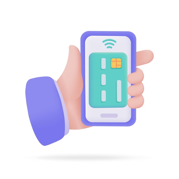 Mano sosteniendo un pago en línea por teléfono con tarjeta de crédito sociedad sin efectivo Escanee el código QR para pagar en línea ilustración 3D