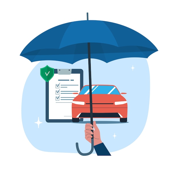 Vector mano sosteniendo un paraguas sobre un automóvil concepto de seguro de automóvil ilustración vectorial
