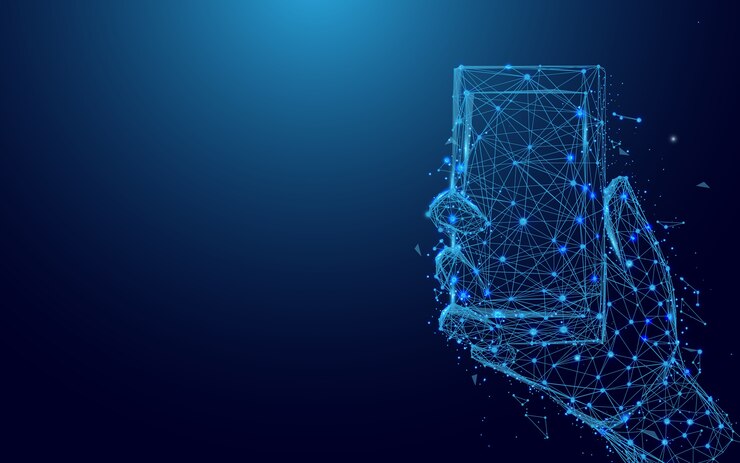 Vector mano sosteniendo una partícula de líneas de formulario de teléfono inteligente