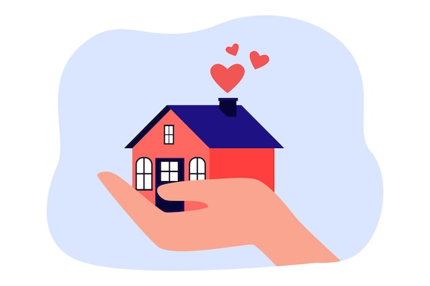 Mano sosteniendo una pequeña casa con corazones cómicos rojos. persona que vende o compra propiedades ilustración vectorial plana. inmobiliaria, hipoteca, concepto de inversión para banner, diseño de sitio web o página web de inicio