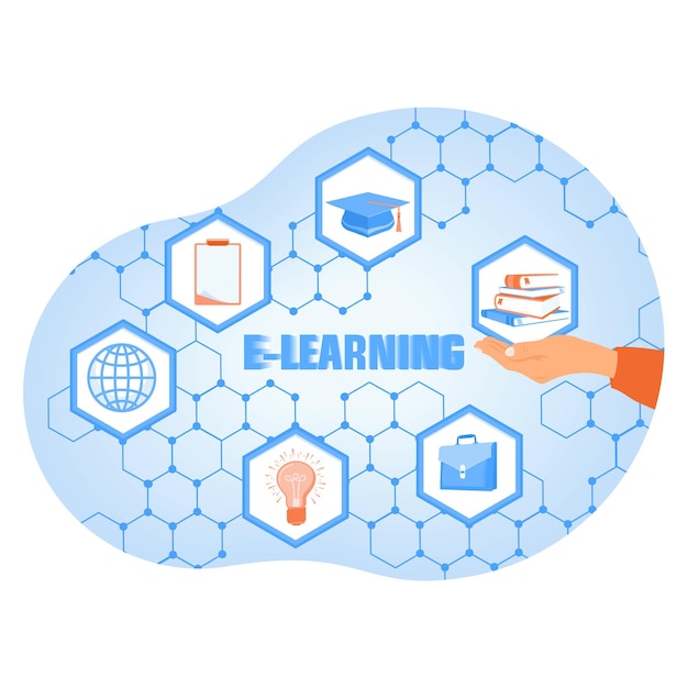 Mano sosteniendo una pila de libros Elementos educativos para la educación en línea Concepto de aprendizaje electrónico Ilustración vectorial plana