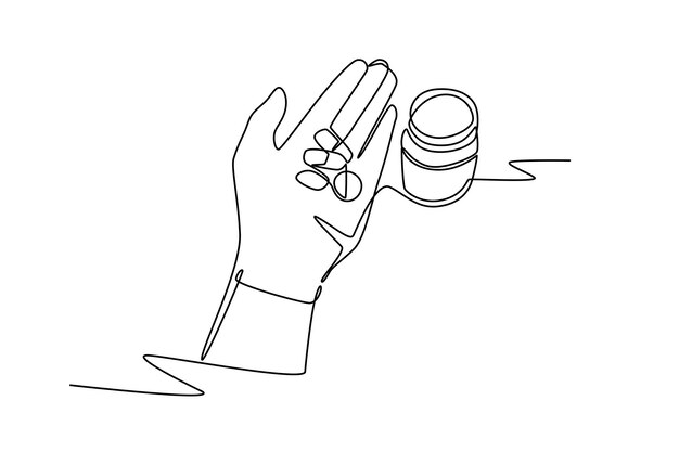 Mano sosteniendo una píldora Concepto de medicina dibujo en línea