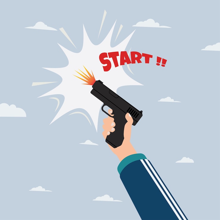 Vector mano sosteniendo una pistola y disparando con la palabra de inicio comience el juego o el concepto de competencia deportiva ilustración vectorial