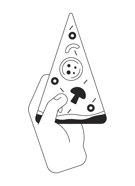 Vector mano sosteniendo pizza rebanada bw concepto vector punto ilustración comida rápida 2d dibujos animados línea plana mano monocromática para interfaz de usuario web designable imagen de héroe de contorno aislado