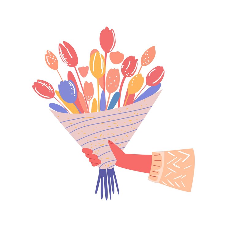 una mano sosteniendo un ramo de tulipanes y tulipanes