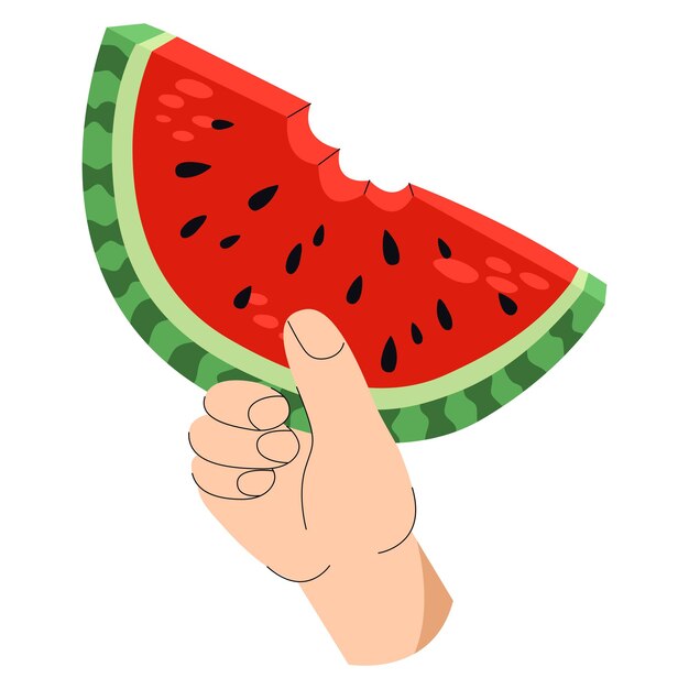 Mano sosteniendo una rebanada de sandía Jugosa rebanada estilizada de sandía mordida Concepto de li saludable