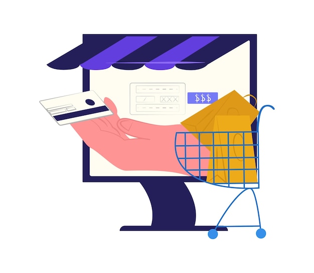 Mano sosteniendo la tarjeta de crédito frente al concepto de compras en línea de la pantalla de la computadora con un carrito lleno de