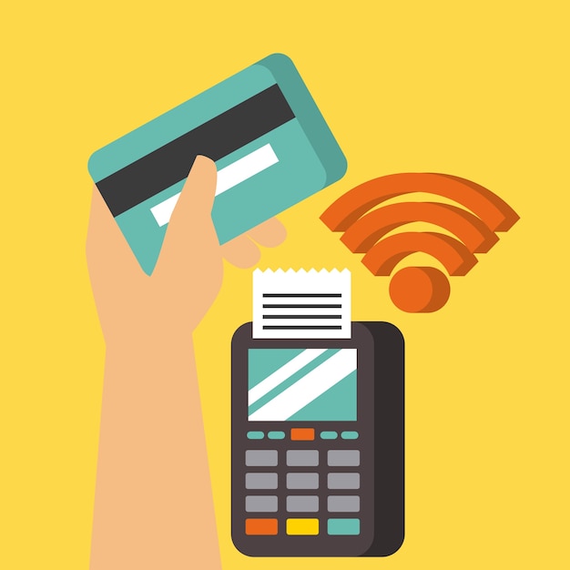 Vector mano sosteniendo tarjeta datafines nfc pos terminal confirma