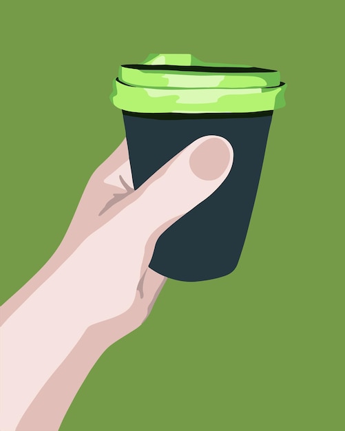 Vector una mano sosteniendo una taza de café con un fondo verde.
