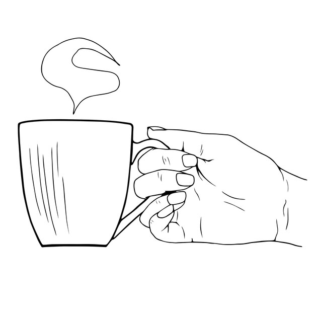 Mano sosteniendo una taza de cerámica con té caliente o café dibujo de mano de ilustración lineal