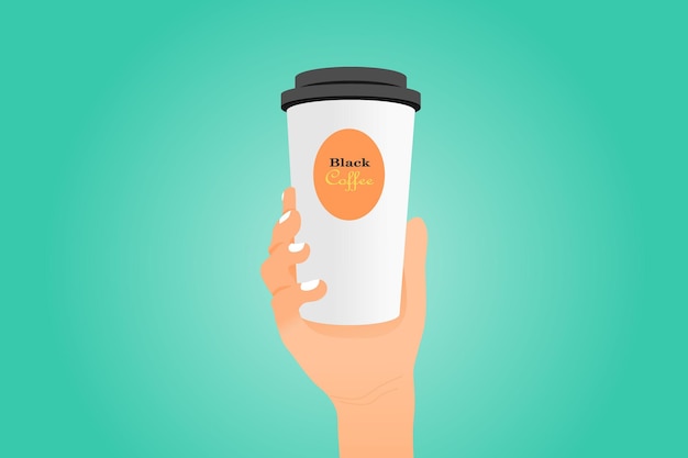 Mano sosteniendo una taza de papel de café aislada en un fondo verde Ilustración vectorial de maqueta