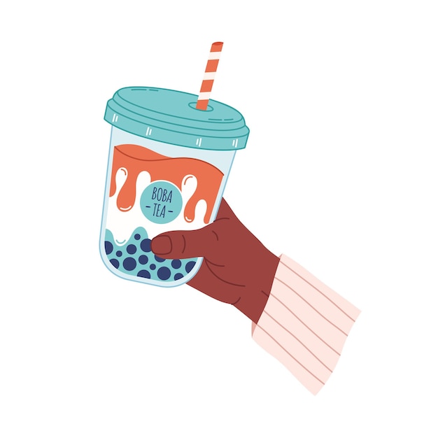 Mano sosteniendo una taza de té de burbujas con perlas de tapioca Té de Boba Bebida taiwanesa Bebida fría de verano
