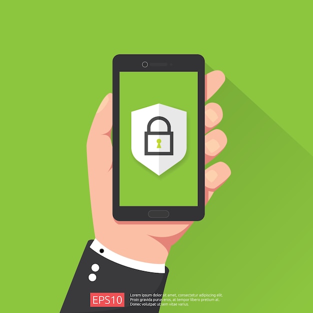 Mano sosteniendo un teléfono con icono de protección