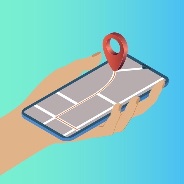Mano sosteniendo un teléfono inteligente con GPS NavigatorCity mapa con un gran marcador de puntos