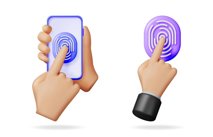 Vector mano sosteniendo un teléfono inteligente con un icono de huella dactilar y una mano separada