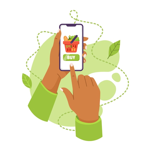 Mano sosteniendo un teléfono inteligente que muestra un carrito de compras en línea concepto de compras ilustración vectorial en un fondo verde ilustración vectoria
